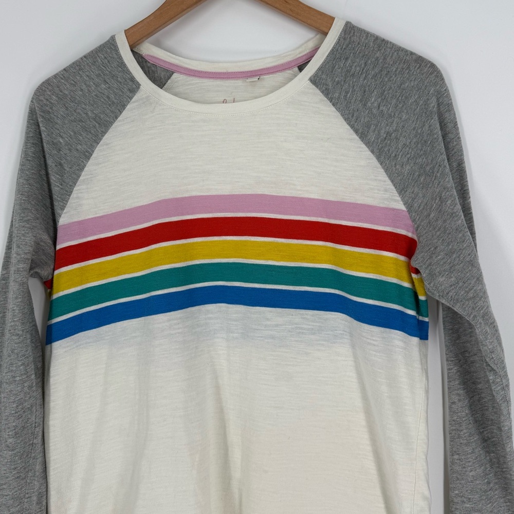 Boden Stripe Raglan Long Sleeve Baseball Tee in Off White/Grey/Rainbow | Medium - Picture 3 of 5